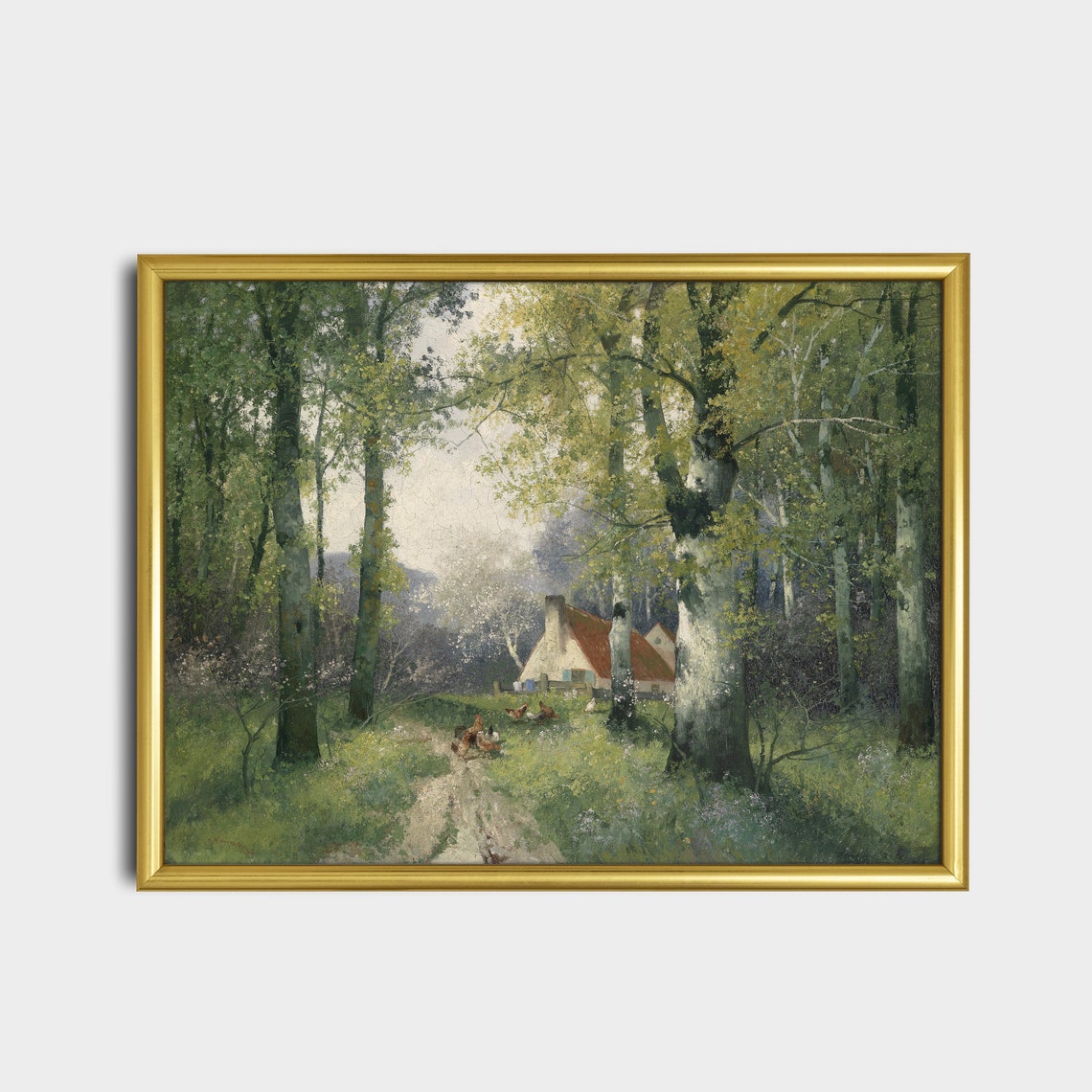 Birch Forest Clearing With a Red Roofed Cottage Green Poster - Image 5