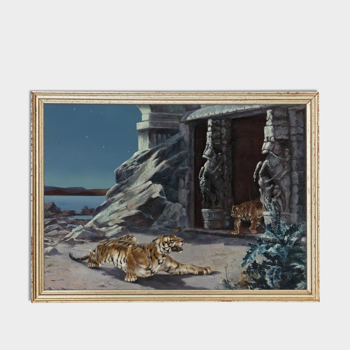 Two Tigers Prowling at an Ancient Temple by Moonlight Poster - Image 3