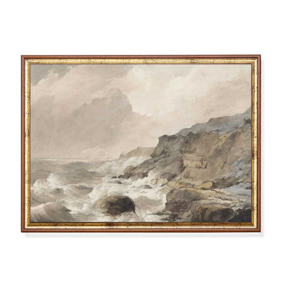 Waves Crashing on Rocky Cliffs Muted Watercolor Coastal Scene Poster