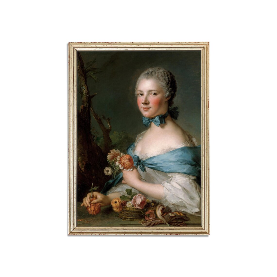 Woman with Blue Ribbon Holding Flowers Rococo Portrait Poster - Image 3
