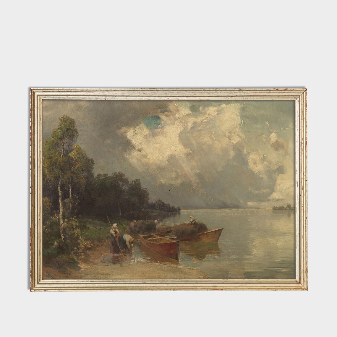 Washerwomen With Boats On A Stormy Lakeshore Vintage Art Poster - Image 3
