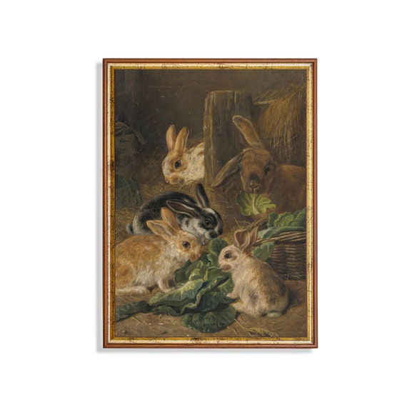 Vintage Rabbit Painting, Antique Bunnies Art Print