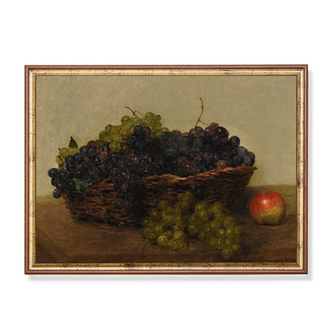 Basket of Dark and Green Grapes with Apple Antique Still Life Poster