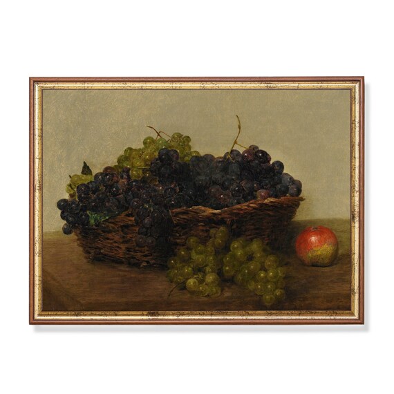 Print And Ship Basket With Grapes Vintage Still Life With Fruits Antique Fruits Painting Kitchen Farmhouse Decor Rustic Fine Art