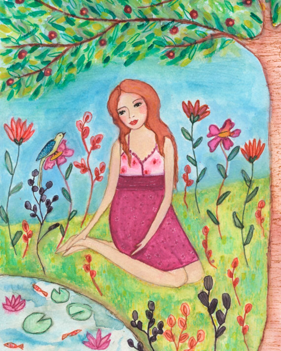 Red-Haired Girl Sitting by the Koi Pond Whimsical Garden Poster