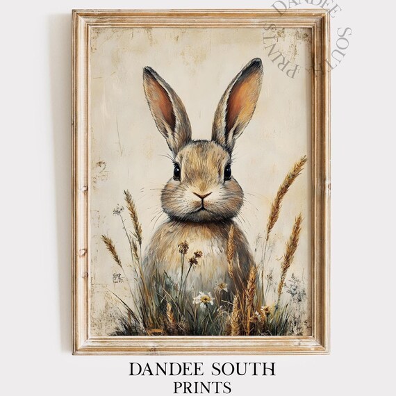 Vintage Bunny Art Print, Rustic Spring Rabbit Decor