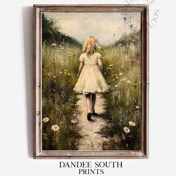 Little Girl Walking Wildflower Meadow Vintage Oil Painting Poster