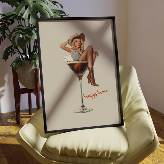 Vintage Cowgirl Espresso Martini Happy Hour Pin Up Art Poster