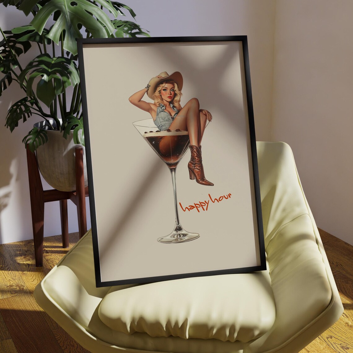 Vintage Cowgirl Espresso Martini Happy Hour Pin Up Art Poster
