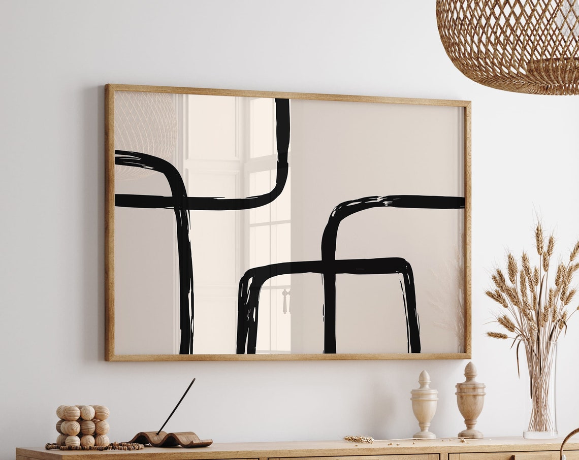 Minimalist Black Brushstroke Curves On Beige Neutral Modern Art Print