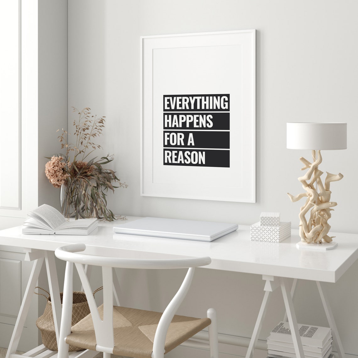 Everything Happens For A Reason Quote Black White Block Poster - Image 3