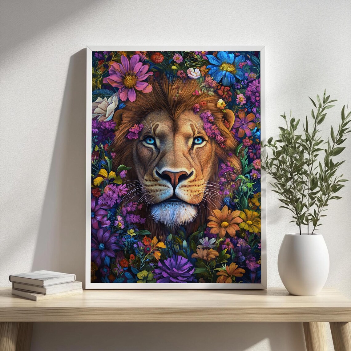 Majestic Lion Surrounded By Colorful Flowers Vibrant Wildlife Portrait Poster - Image 3