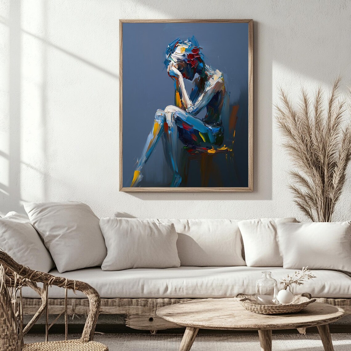 Colorful Abstract Seated Woman Blue Oil Painting Modern Poster - Image 4
