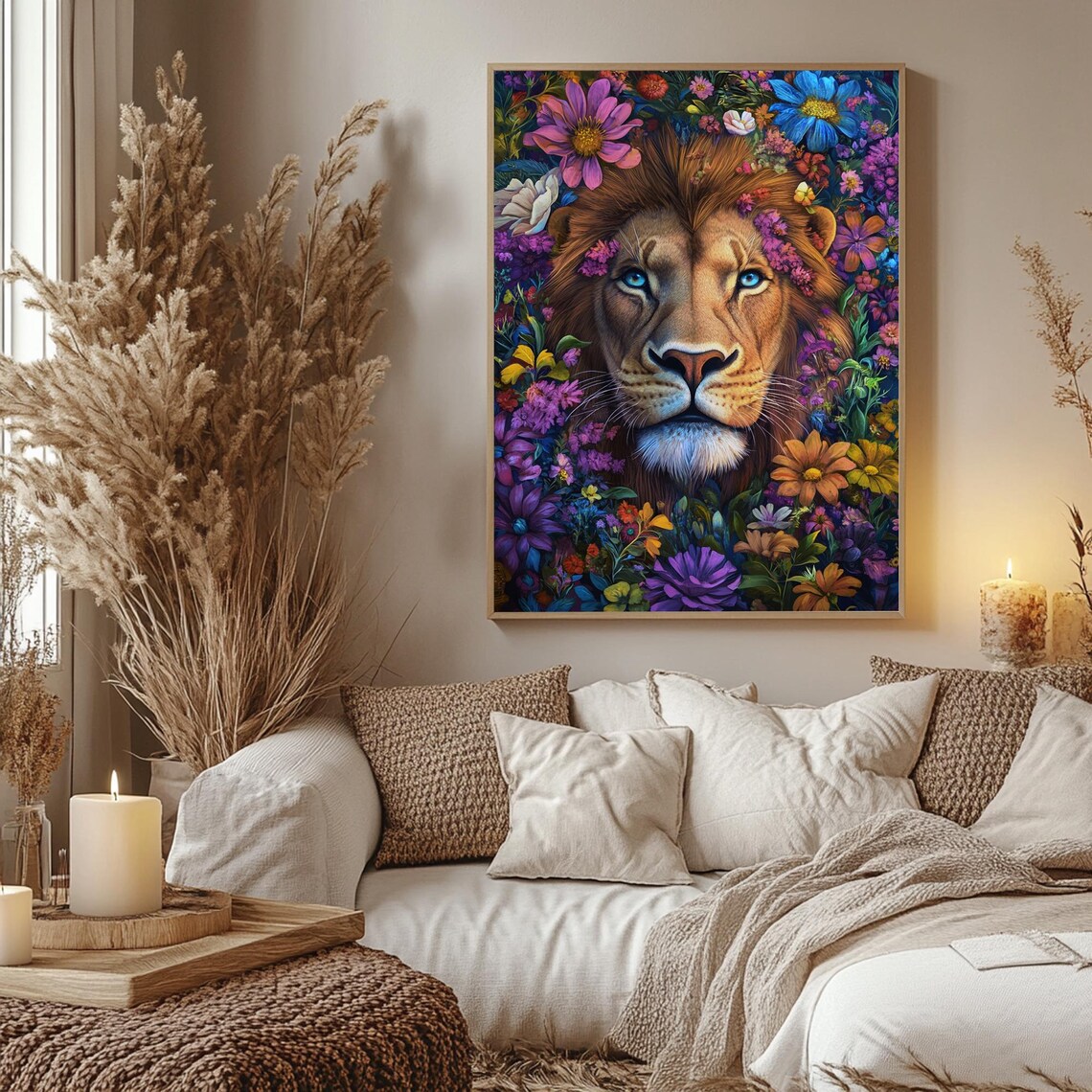 Majestic Lion Surrounded By Colorful Flowers Vibrant Wildlife Portrait Poster - Image 2