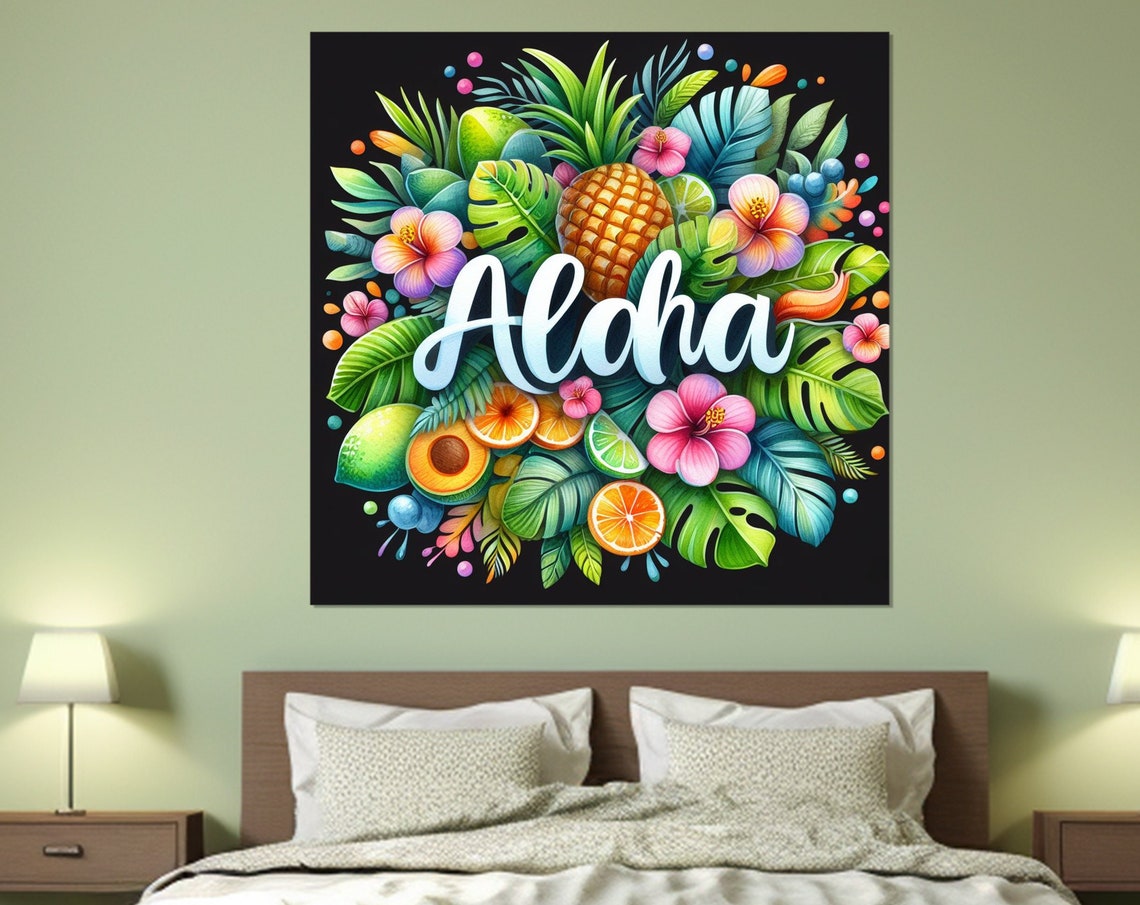 Aloha Pineapple Hibiscus Citrus Bright Neon Tropical Fruit Wall Art