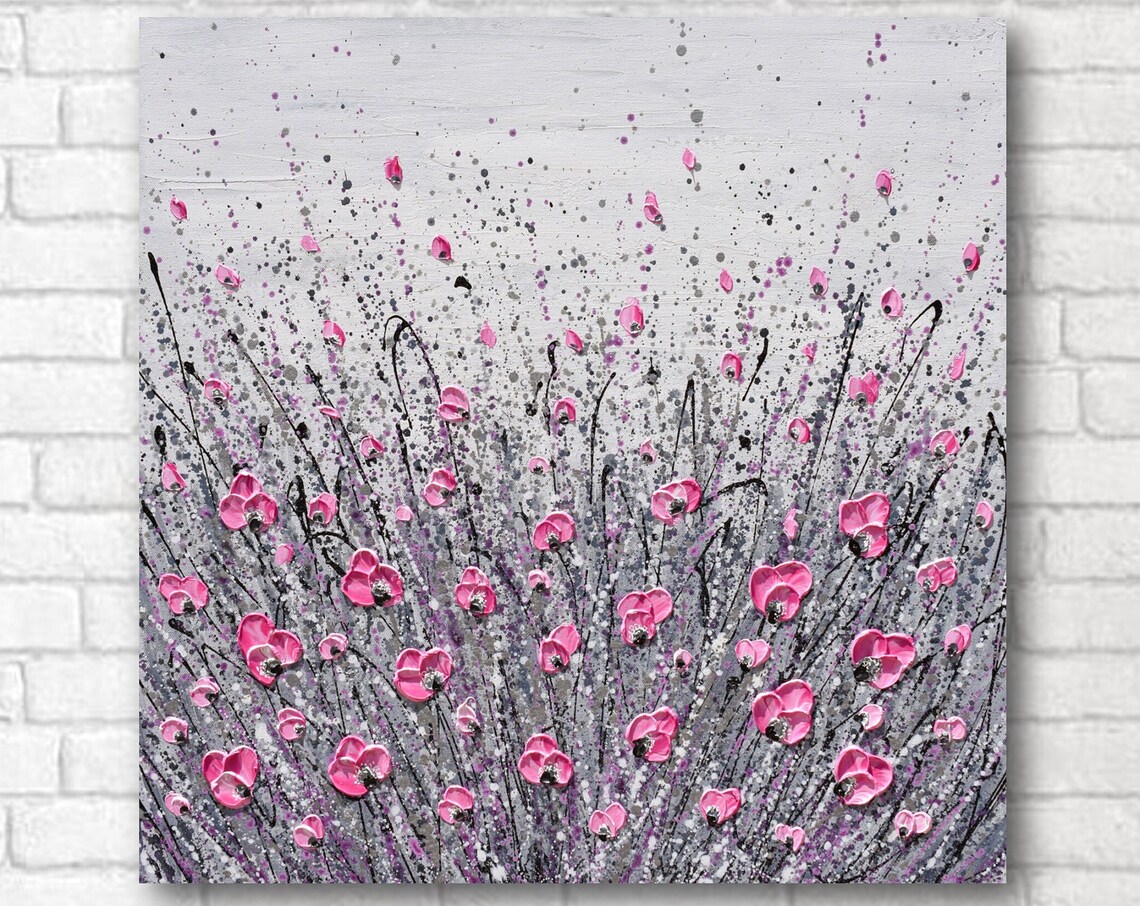 Pink Poppies Gray Silver Black Abstract Floral Splatter Art Poster