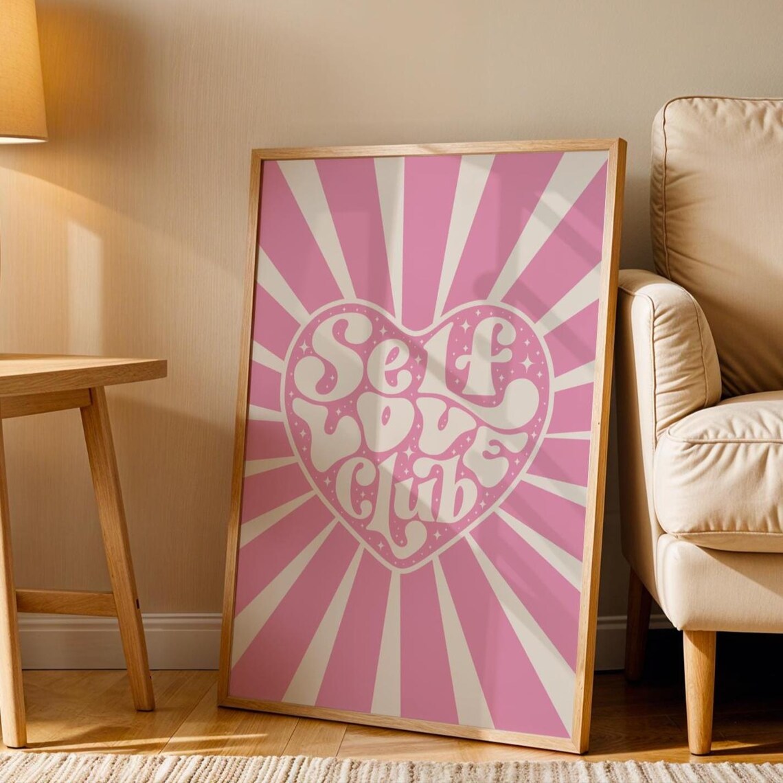 Self Love Club Groovy Retro Heart Pink Sunburst Affirmation Poster