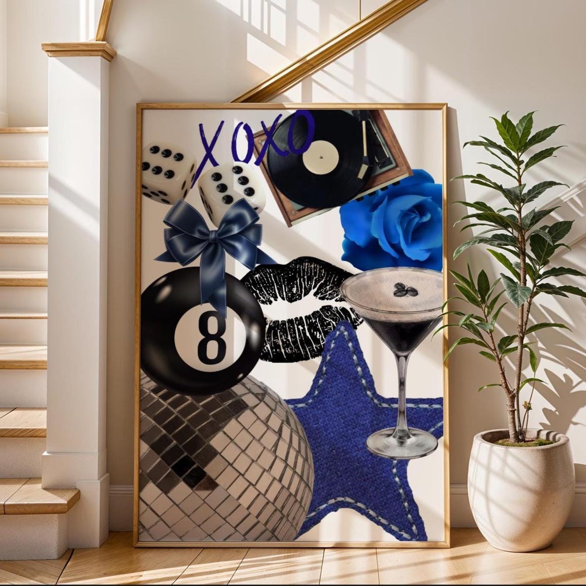 Blue Disco Cherries XOXO Bold Retro Collage Bar Cart Party Poster