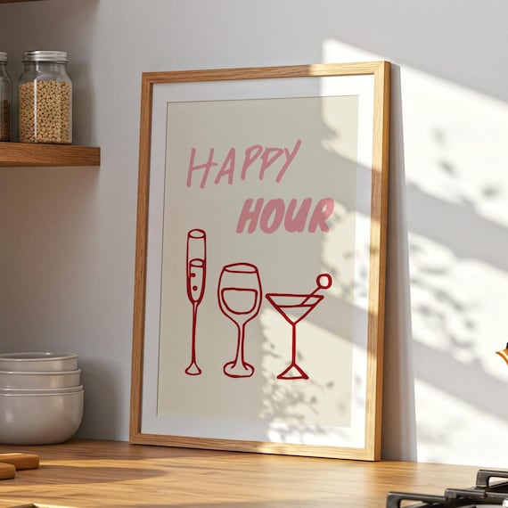Happy Hour Cocktail Glasses Pink Typography Bar Cart Party Poster