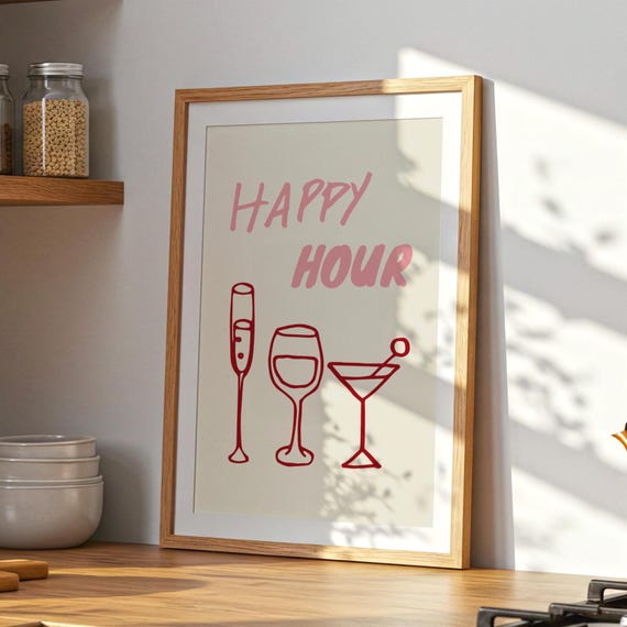 Happy Hour Print Typographic Poster Trendy Kitchen Artwork Bar Cart Art Drinks Wall Decor Gift