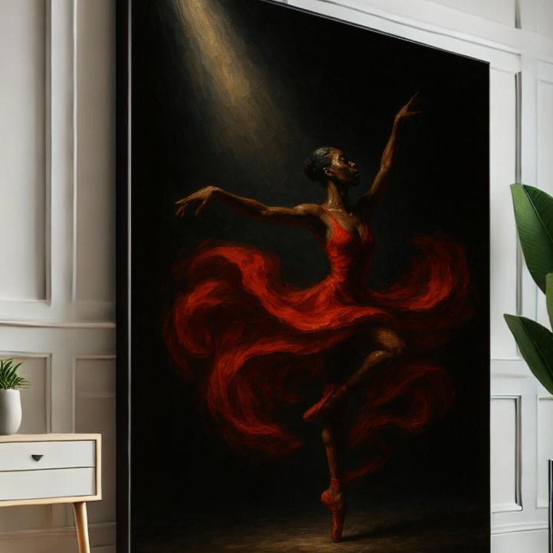 Ballerina in Red Dress Dramatic Spotlight Dance Oil Painting Poster