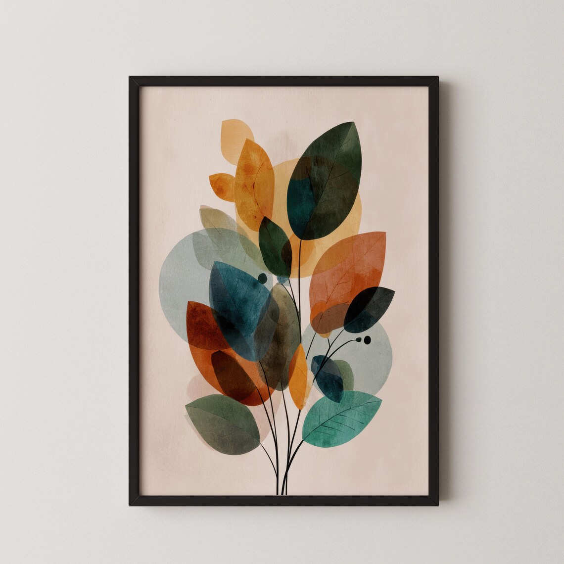 Midcentury Geometric Botanical Leaves Teal Amber Line Poster