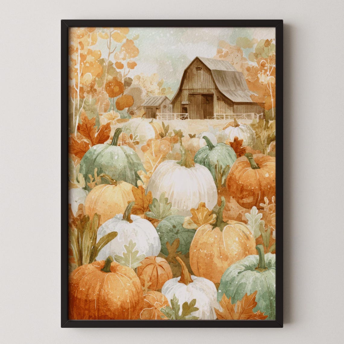 Watercolor Pumpkin Patch with Rustic Barn Fall Harvest Wall Art