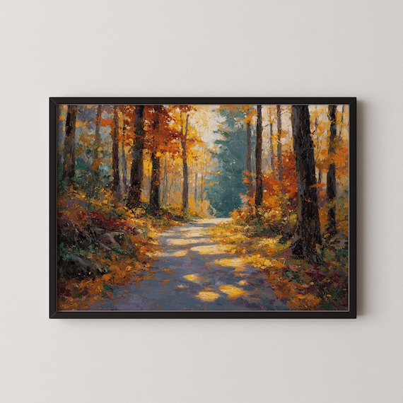 Autumn Forest Path with Golden Foliage Impressionist Landscape Poster
