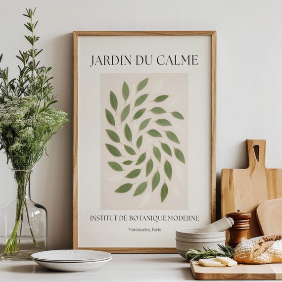 French Botanical Print Contemporary Leaf Wall Decor Sage Green Minimalist Instant Art