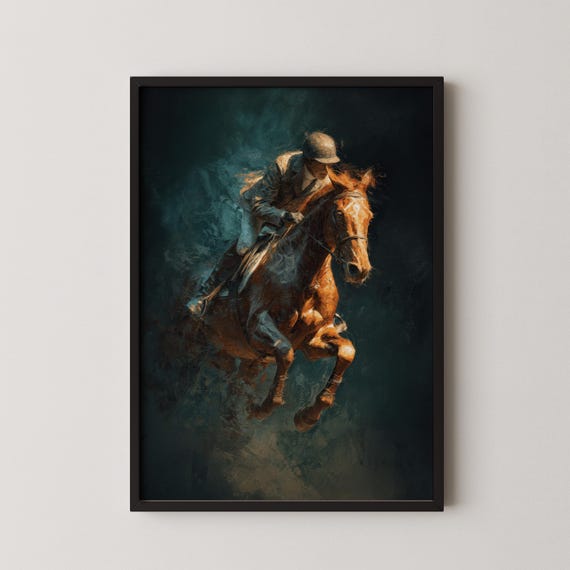 Equestrian Horse Jumping Art Print Moody Teal Show