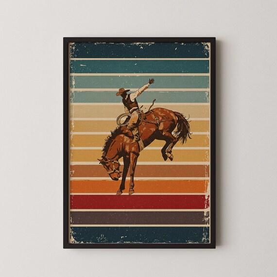 Retro Bucking Bronco Cowboy Sunset Stripes Vintage Rodeo Art Poster