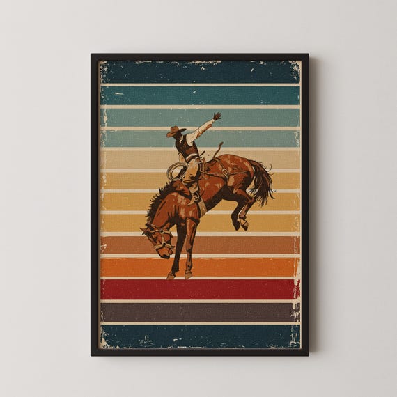Vintage Bucking Bronco Art Print Rustic Linen Rodeo Poster