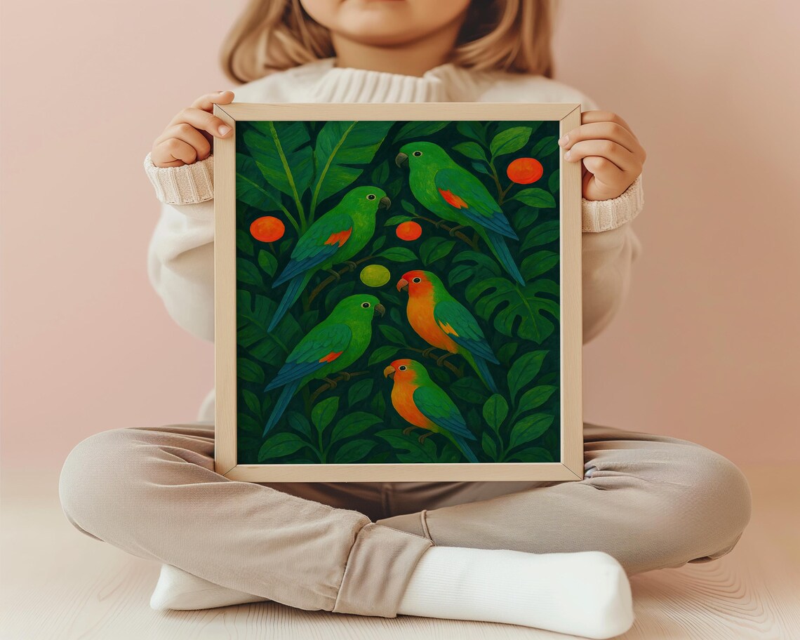 Colorful Green Parrots in Tropical Palm Leaves Jungle Poster