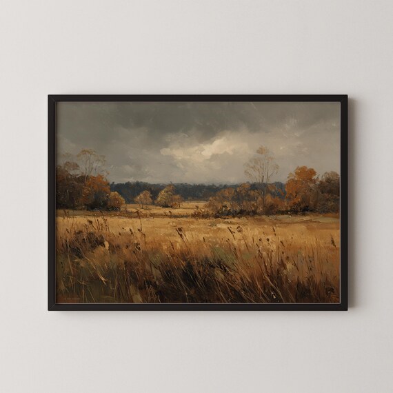 Golden Autumn Field Under Stormy Clouds Rustic Landscape Painting Poster