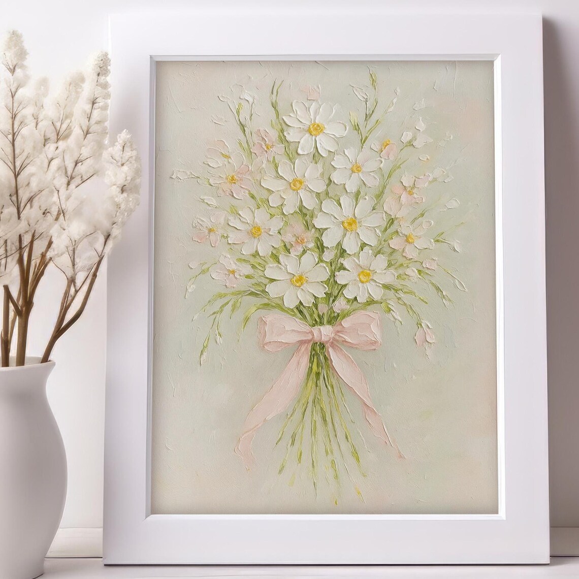 White Daisy Bouquet With Pink Bow Impasto Floral Oil Painting Poster