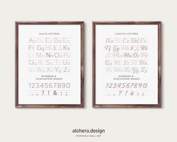 Alphabet and Numbers Cursive Block Letters Learning Wall Art