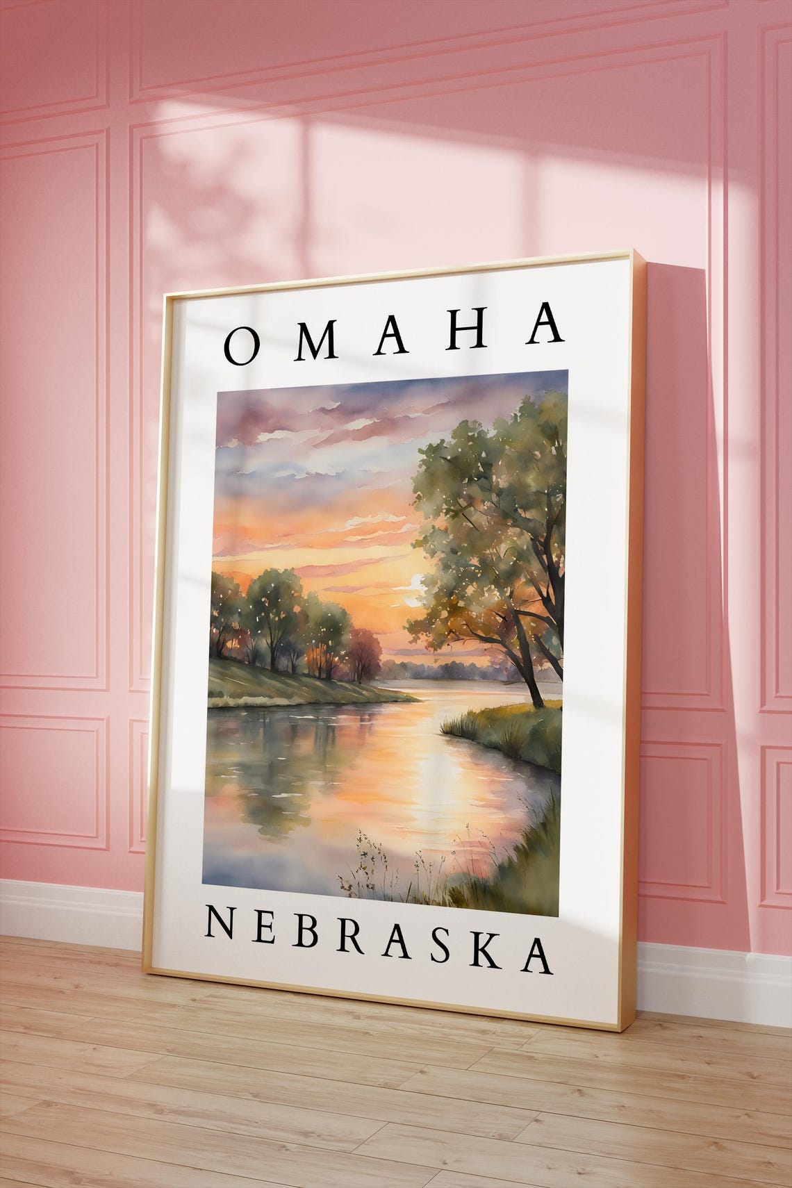 Omaha Nebraska Sunset River Watercolor Scenic Landscape Art Poster