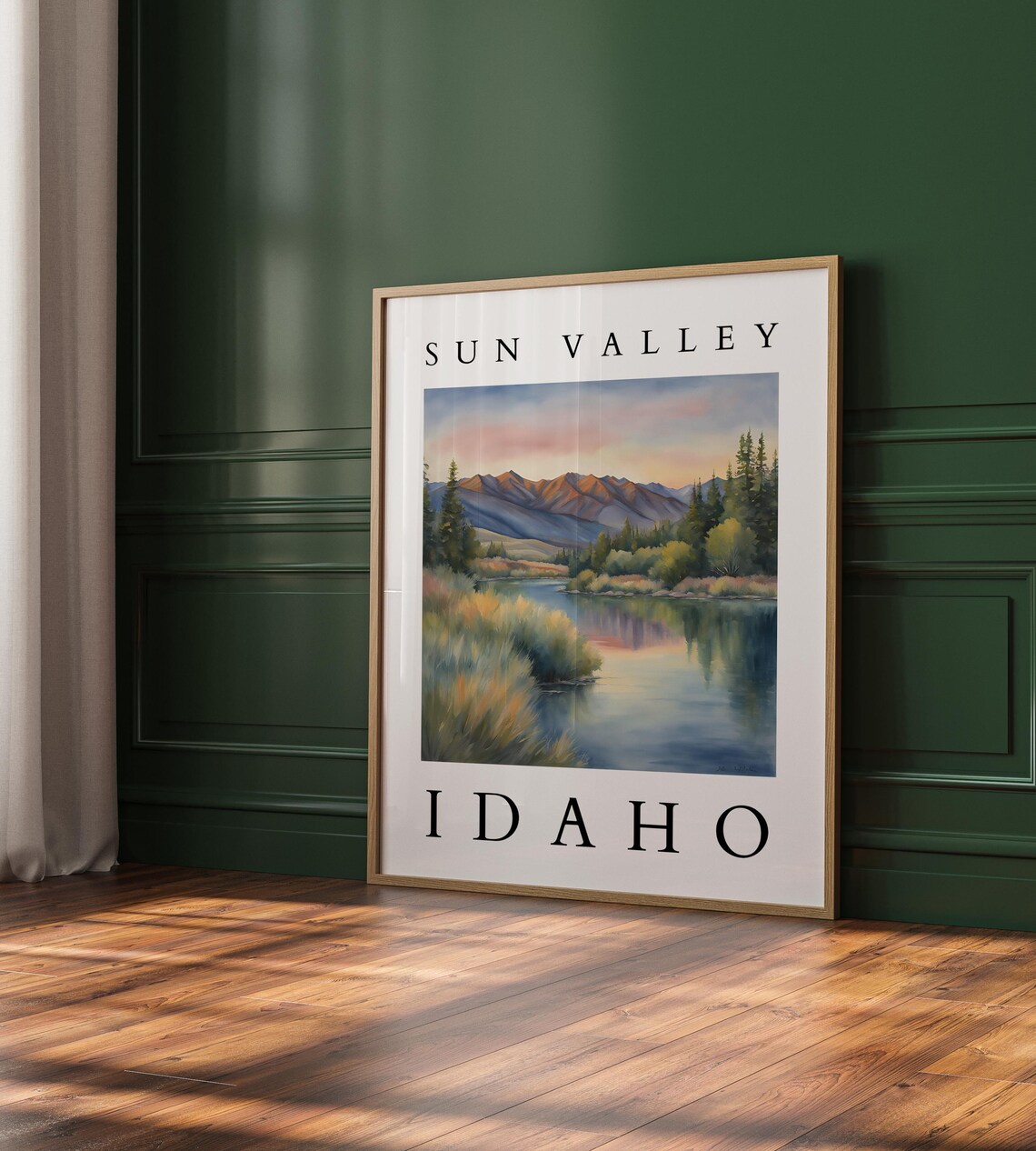 Sun Valley Idaho Watercolor Travel Poster Mountain Lake Sunset View Art