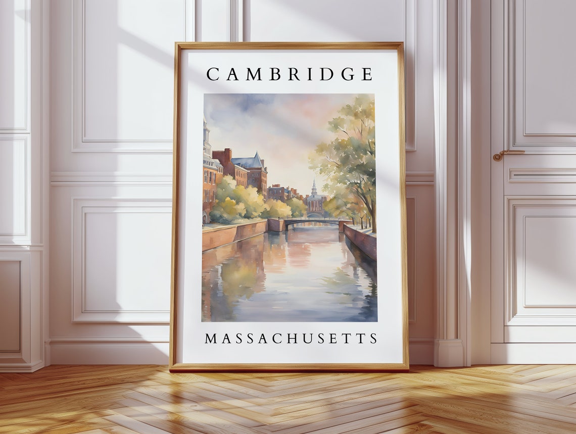 Cambridge Massachusetts Watercolor Wall Art Historic Cityscape Harvard And New England Decor