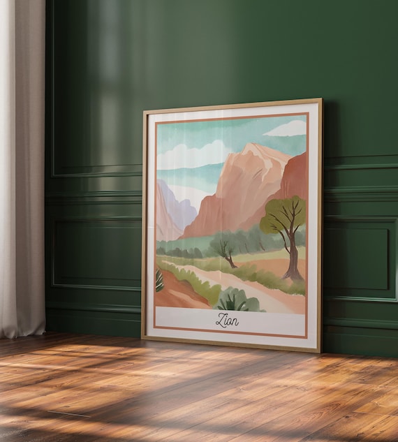 Zion National Park Utah Red Cliffs Desert Trail Watercolor View Poster