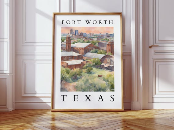Fort Worth Texas Watercolor Historic Downtown Cityscape Wall Art Travel Home Dcor