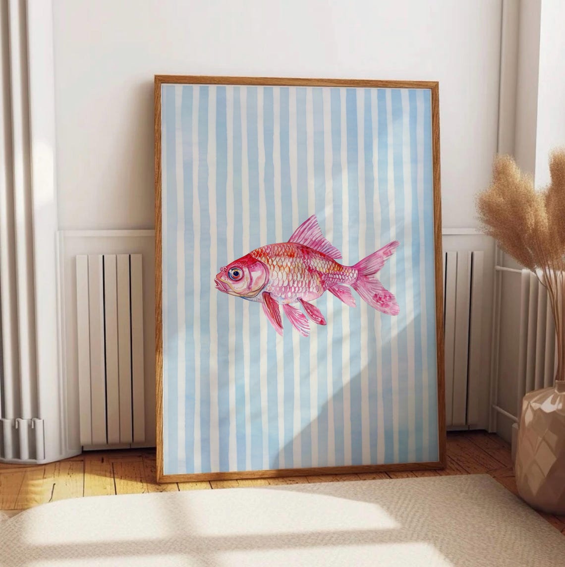 Pink Watercolor Fish on Blue Stripes Coastal Kitchen Art Poster - Image 2