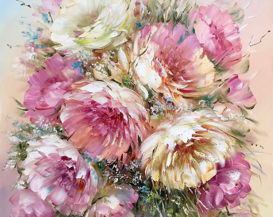 Peonies Oil Painting Original Floral Still Life Painting Mauve Peony On Painting Bouquet Of Flowers In Vase Painting Flower Art Gift