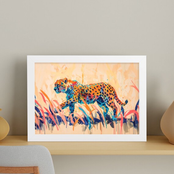 Colorful Cheetah Strolling Through Tall Grass Acrylic Brushwork Art Poster