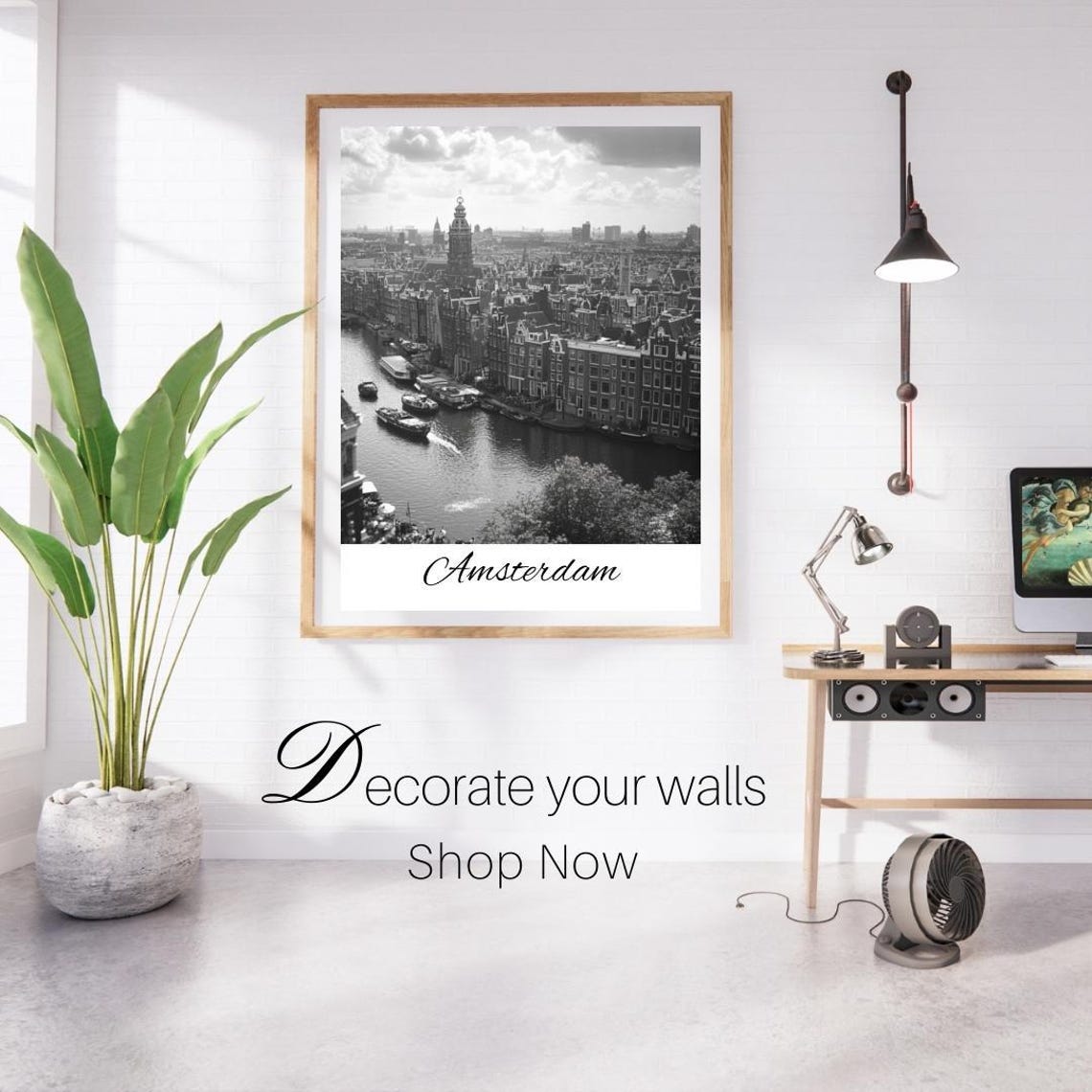 Amsterdam Aerial Canal Boats Black White Photography Art Print