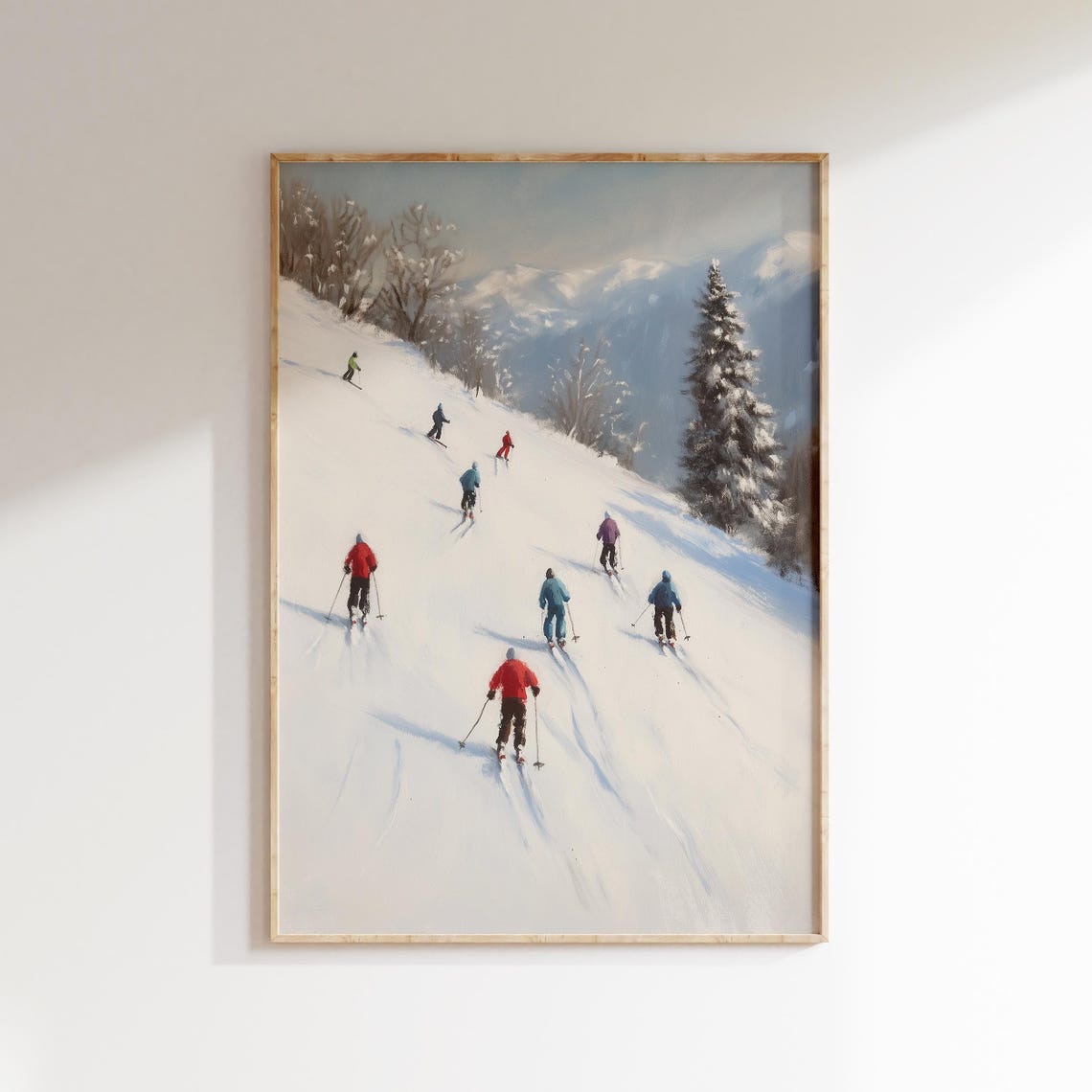 Tiny Skiers Gliding Down a Snowy Mountain Slope Painting Poster