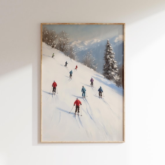 Tiny Skiers Gliding Down a Snowy Mountain Slope Painting Poster