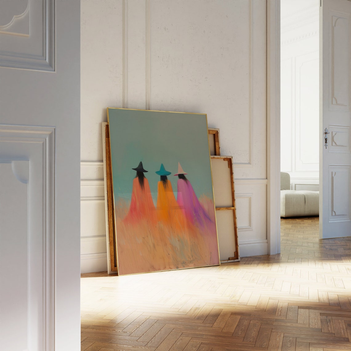 Three Witches in Colorful Capes Walking Through a Field Poster - Image 3