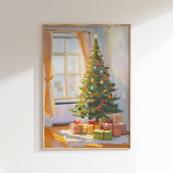 Pastel Christmas Tree With Gifts By Window Oil Painting Holiday Poster