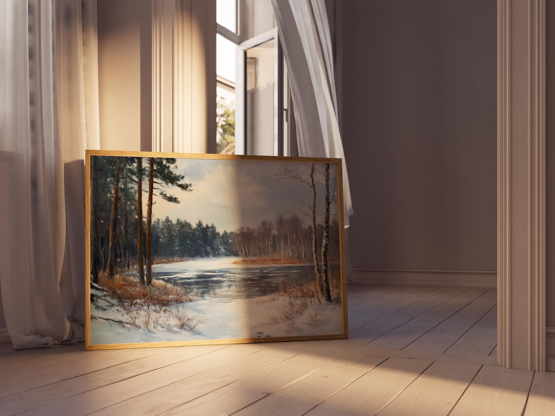 Vintage Frozen Lake Landscape Art Print, Winter Forest - Image 3